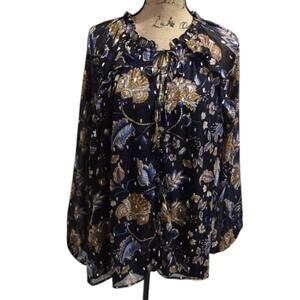 Tamara H. BLUE AND GOLD Floral Print Sheer sleeve Peasant Blouse Plus Size 3X